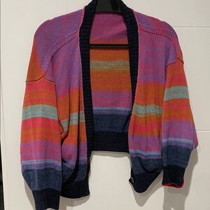 Raquel Allegra Pink Multi Striped Open Cardigan with Navy Trim